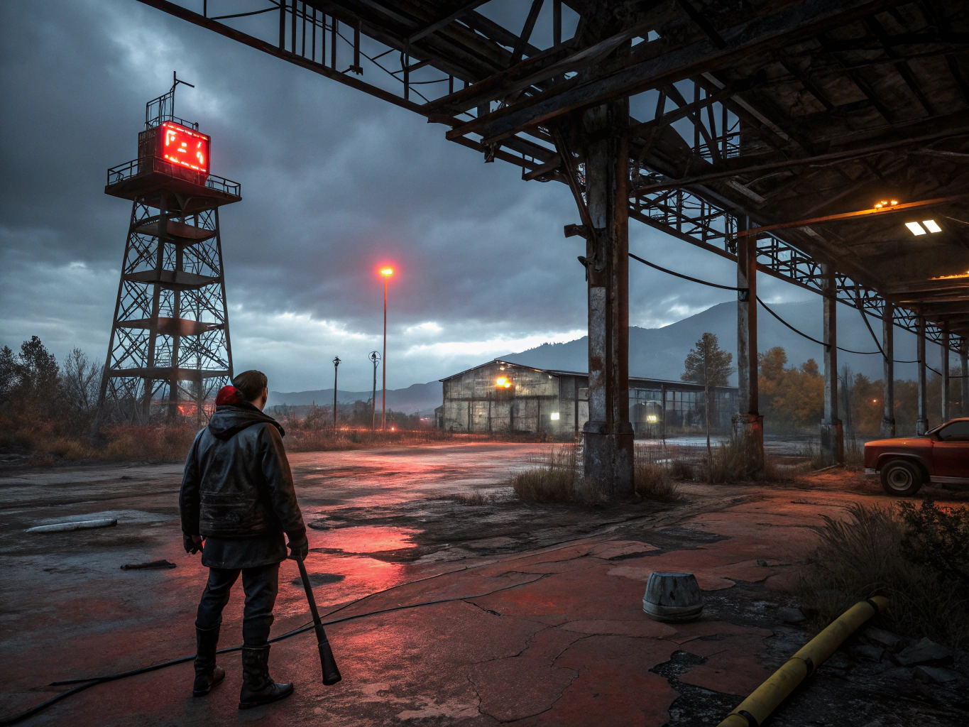 Players raiding a large metal base at night